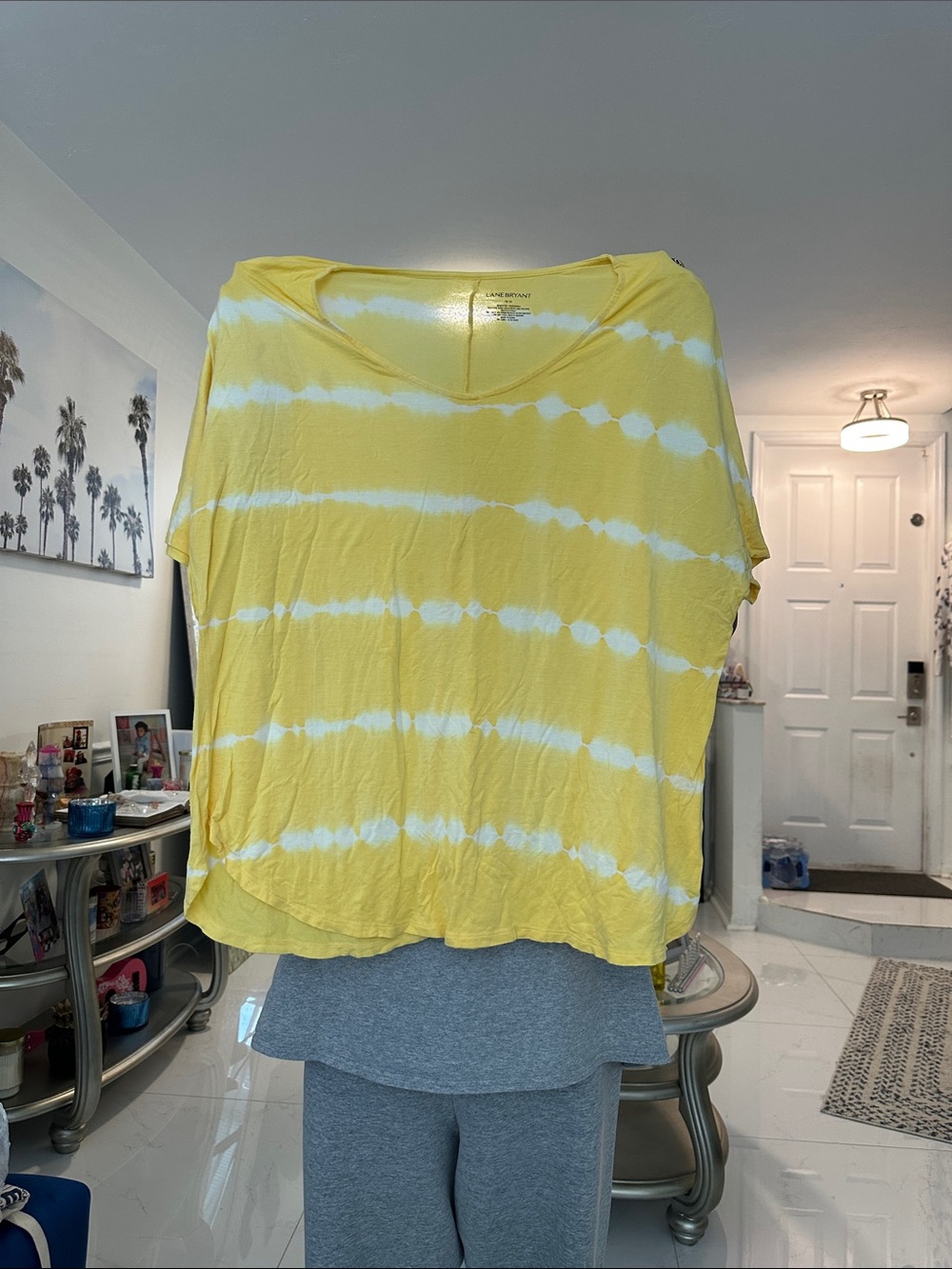 Lane Bryant Yellow and White Tie-Dye V-Neck Short Sleeve Top